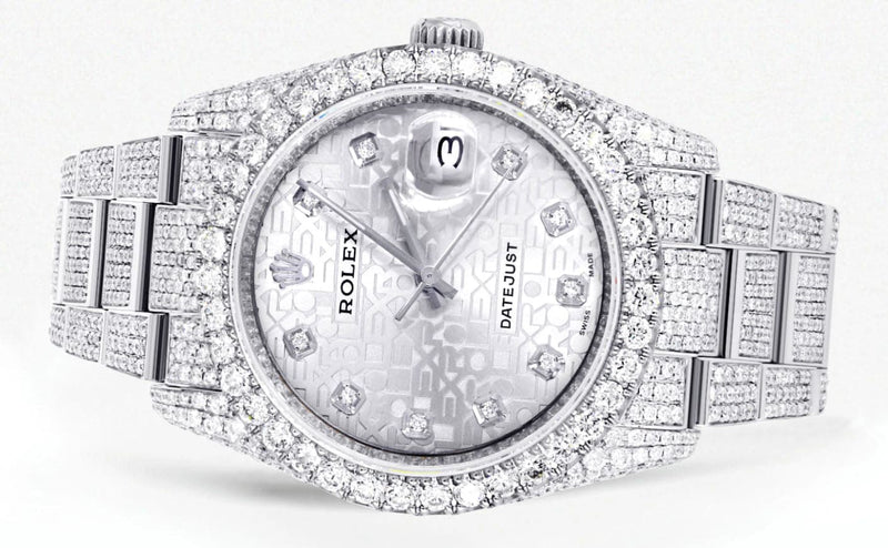 Iced Out Rolex Datejust 36 MM | Stainless Steel | 16.5 Carats of Diamonds | Silver Texture Diamond Dial | Oyster Band | Model 116200