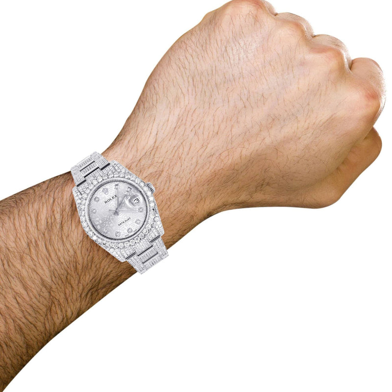 Iced Out Rolex Datejust 36 MM | Stainless Steel | 16.5 Carats of Diamonds | Silver Texture Diamond Dial | Oyster Band | Model 116200