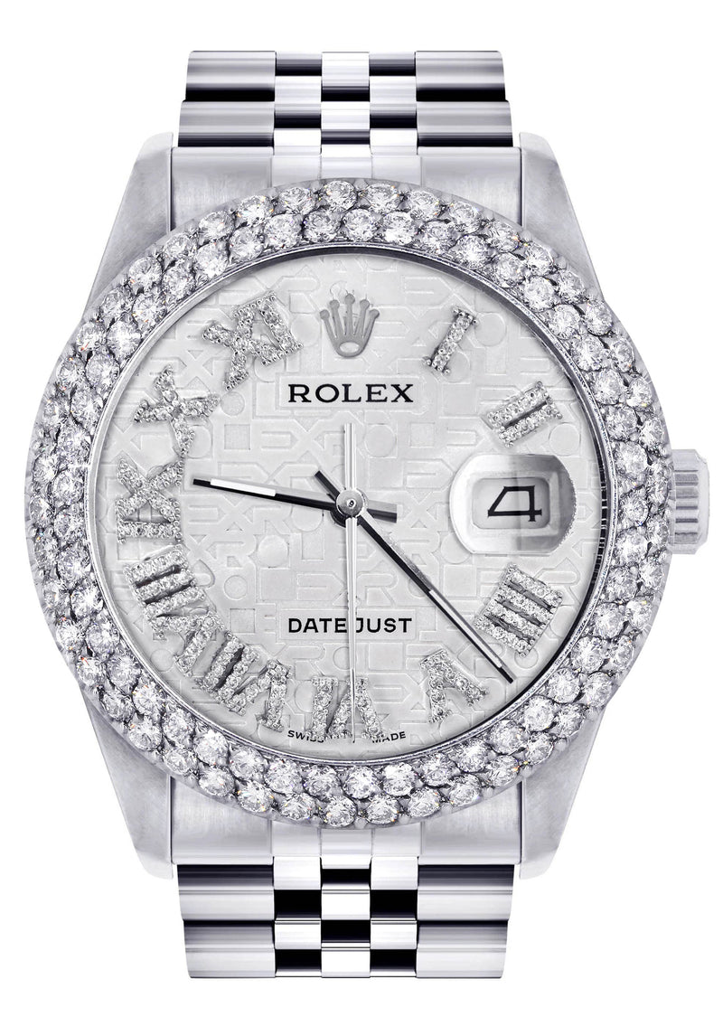 Mens Rolex Datejust Watch 16200 | 36Mm | White Texture Roman Numeral Dial | Two Row 4.25 Carat Bezel | Jubilee Band