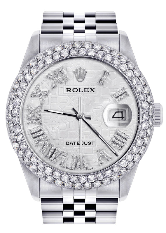 Mens Rolex Datejust Watch 16200 | 36Mm | White Texture Roman Numeral Dial | Two Row 4.25 Carat Bezel | Jubilee Band