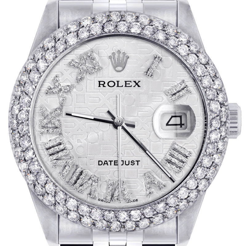 Womens Rolex Datejust Watch 16200 | 36Mm | White Texture Roman Numeral Dial | Two Row 4.25 Carat Bezel | Jubilee Band