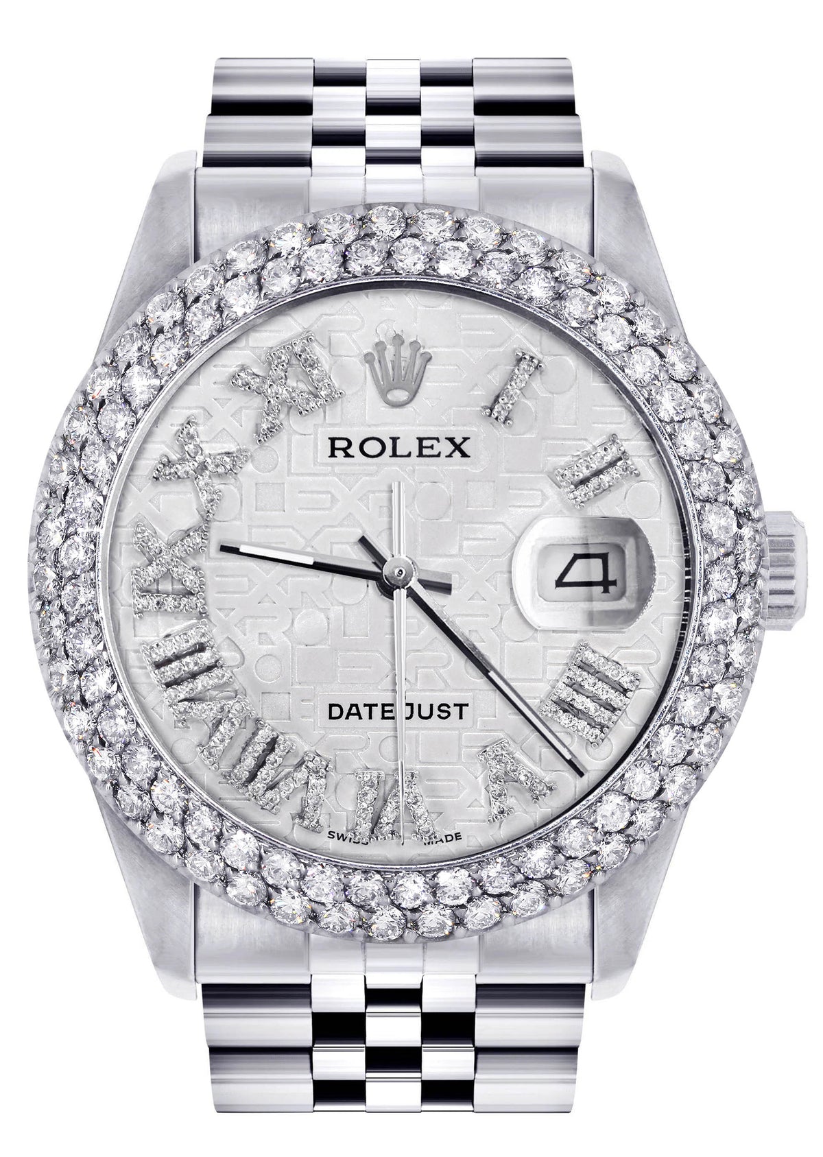 Womens Rolex Datejust Watch 16200 | 36Mm | White Texture Roman Numeral Dial | Two Row 4.25 Carat Bezel | Jubilee Band