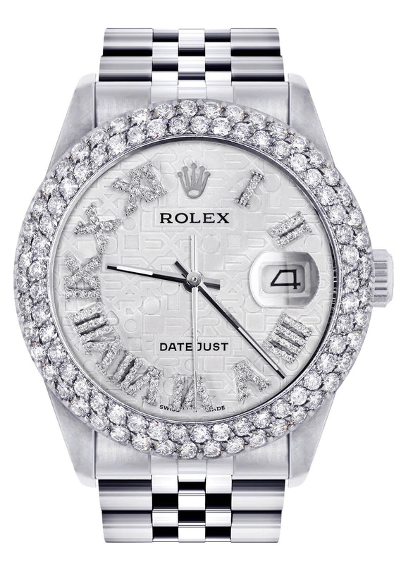 Womens Rolex Datejust Watch 16200 | 36Mm | White Texture Roman Numeral Dial | Two Row 4.25 Carat Bezel | Jubilee Band