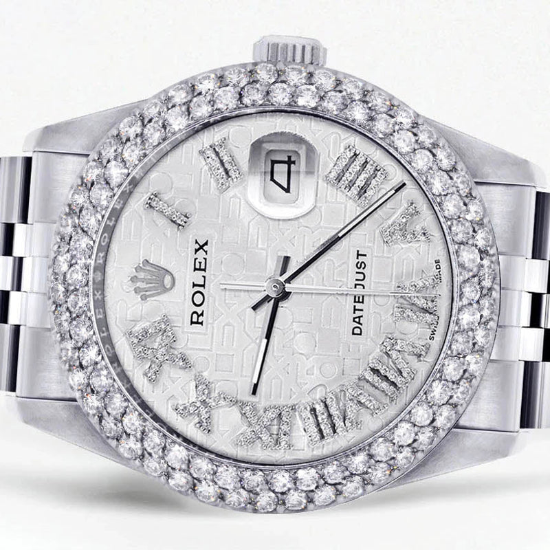 Womens Rolex Datejust Watch 16200 | 36Mm | White Texture Roman Numeral Dial | Two Row 4.25 Carat Bezel | Jubilee Band