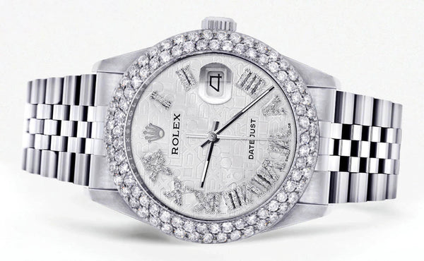 Womens Rolex Datejust Watch 16200 | 36Mm | White Texture Roman Numeral Dial | Two Row 4.25 Carat Bezel | Jubilee Band