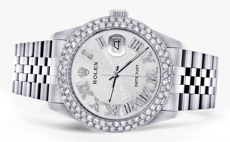 Womens Rolex Datejust Watch 16200 | 36Mm | White Texture Roman Numeral Dial | Two Row 4.25 Carat Bezel | Jubilee Band