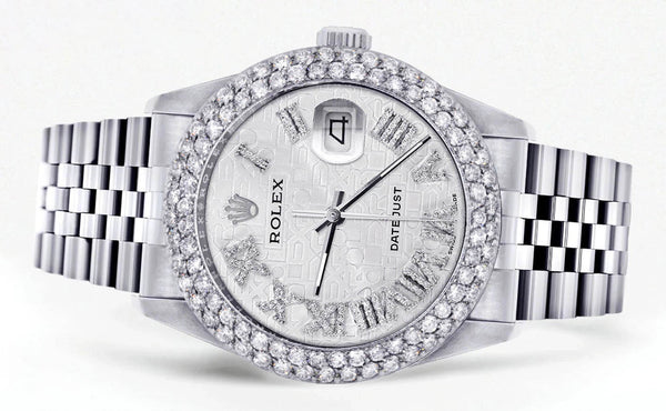Mens Rolex Datejust Watch 16200 | 36Mm | White Texture Roman Numeral Dial | Two Row 4.25 Carat Bezel | Jubilee Band