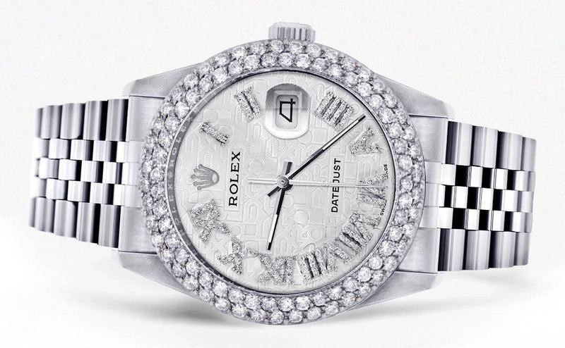 Mens Rolex Datejust Watch 16200 | 36Mm | White Texture Roman Numeral Dial | Two Row 4.25 Carat Bezel | Jubilee Band