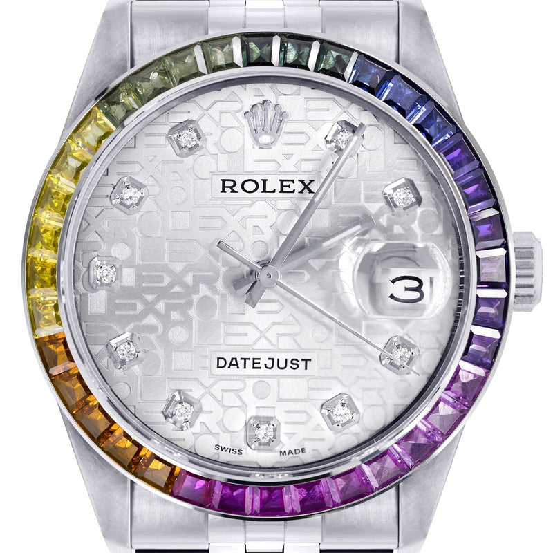 Diamond Gold Rolex Watch For Men 16200 | 36Mm | Rainbow Sapphire Bezel | Silver Texture Dial | Jubilee Band