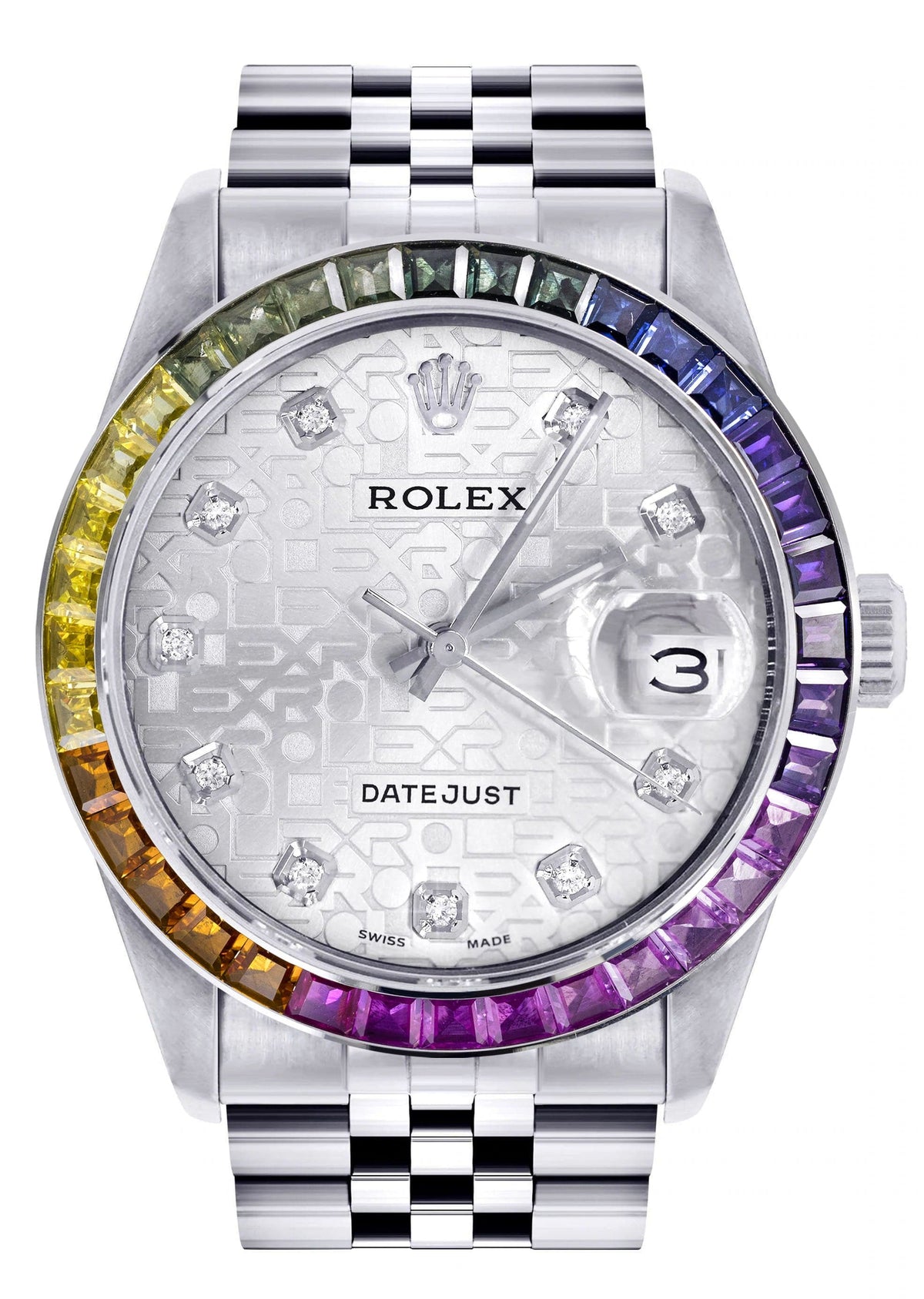 Diamond Gold Rolex Watch For Men 16200 | 36Mm | Rainbow Sapphire Bezel | Silver Texture Dial | Jubilee Band