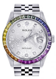 Diamond Gold Rolex Watch For Men 16200 | 36Mm | Rainbow Sapphire Bezel | Silver Texture Dial | Jubilee Band