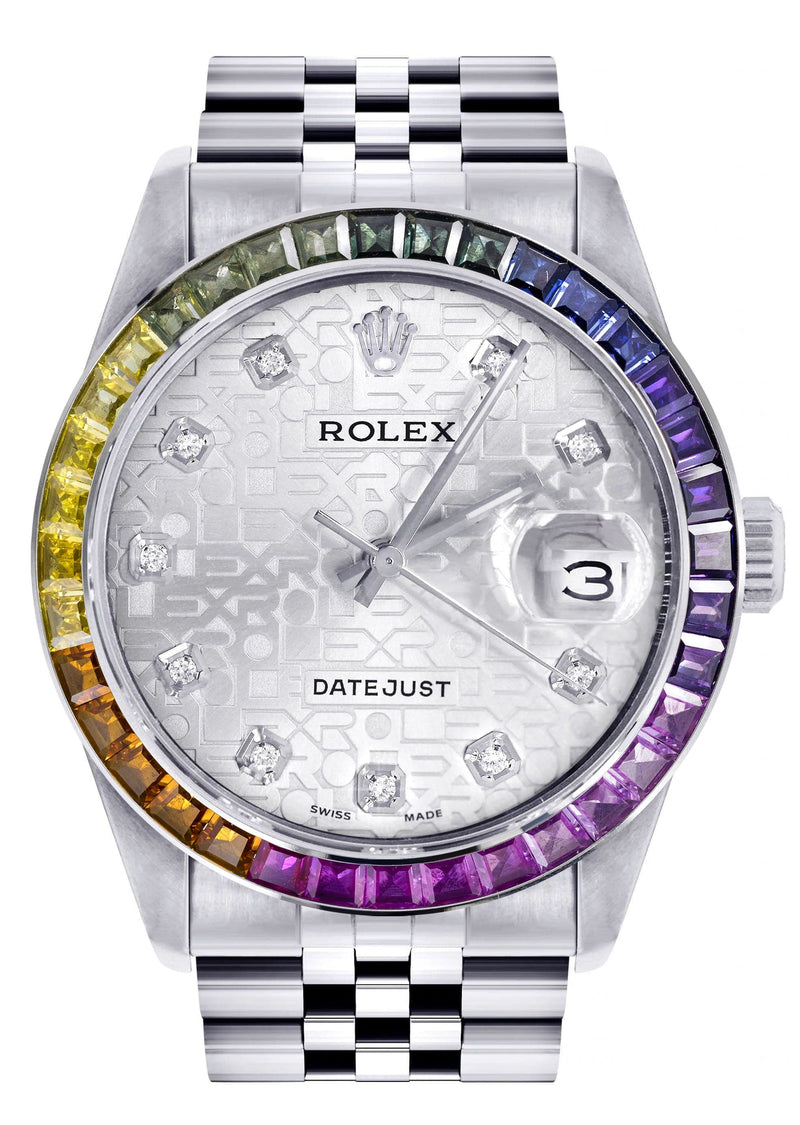 Diamond Gold Rolex Watch For Men 16200 | 36Mm | Rainbow Sapphire Bezel | Silver Texture Dial | Jubilee Band