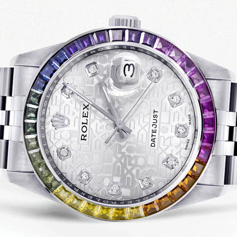Diamond Gold Rolex Watch For Men 16200 | 36Mm | Rainbow Sapphire Bezel | Silver Texture Dial | Jubilee Band