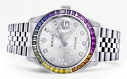 Diamond Gold Rolex Watch For Men 16200 | 36Mm | Rainbow Sapphire Bezel | Silver Texture Dial | Jubilee Band