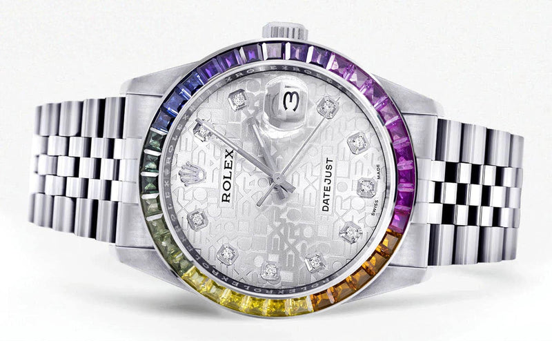 Diamond Gold Rolex Watch For Men 16200 | 36Mm | Rainbow Sapphire Bezel | Silver Texture Dial | Jubilee Band