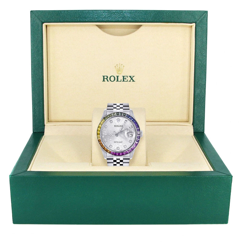 Diamond Gold Rolex Watch For Men 16200 | 36Mm | Rainbow Sapphire Bezel | Silver Texture Dial | Jubilee Band