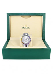 Diamond Gold Rolex Watch For Men 16200 | 36Mm | Rainbow Sapphire Bezel | Silver Texture Dial | Jubilee Band