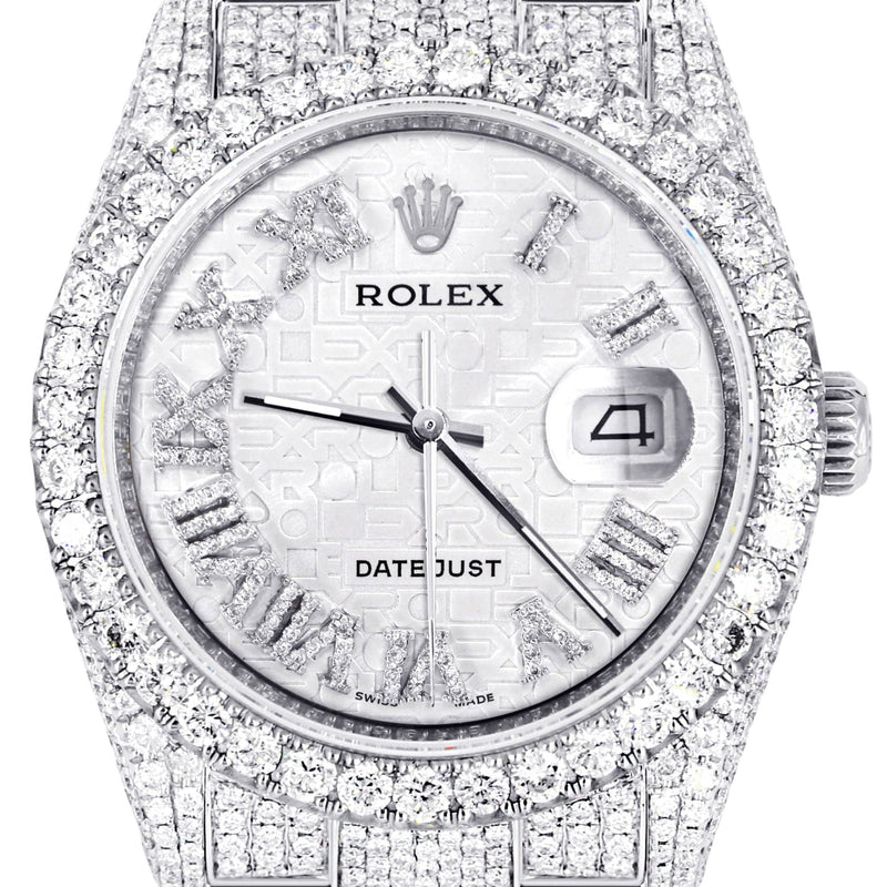 Iced Out Rolex Datejust 36 MM | Stainless Steel | 16.5 Carats of Diamonds | Silver Texture Roman Diamond Dial | Oyster Band | Model 116200