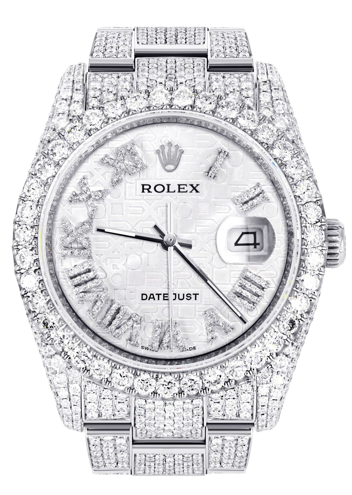Iced Out Rolex Datejust 36 MM | Stainless Steel | 16.5 Carats of Diamonds | Silver Texture Roman Diamond Dial | Oyster Band | Model 116200