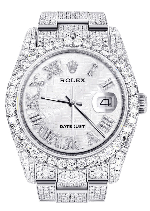 Iced Out Rolex Datejust 36 MM | Stainless Steel | 16.5 Carats of Diamonds | Silver Texture Roman Diamond Dial | Oyster Band | Model 116200