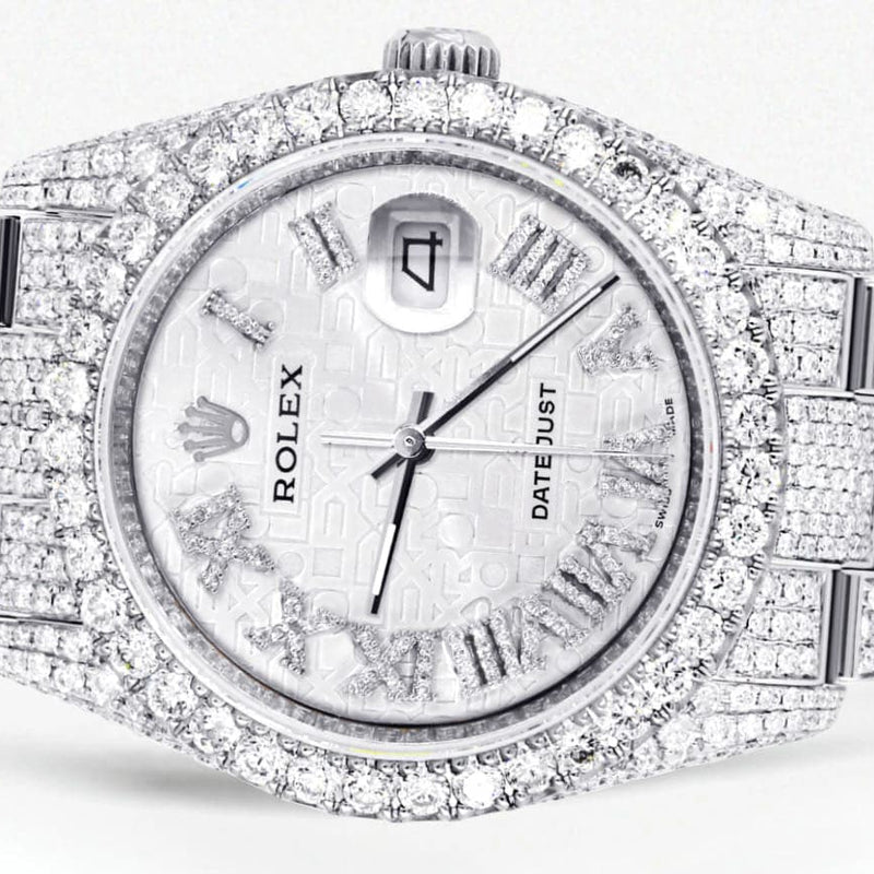 Iced Out Rolex Datejust 36 MM | Stainless Steel | 16.5 Carats of Diamonds | Silver Texture Roman Diamond Dial | Oyster Band | Model 116200