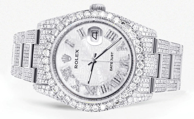 Iced Out Rolex Datejust 36 MM | Stainless Steel | 16.5 Carats of Diamonds | Silver Texture Roman Diamond Dial | Oyster Band | Model 116200