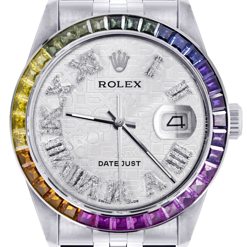 Diamond Gold Rolex Watch For Men 16200 | 36Mm | Rainbow Sapphire Bezel | Silver Texture Roman Numeral Dial | Jubilee Band