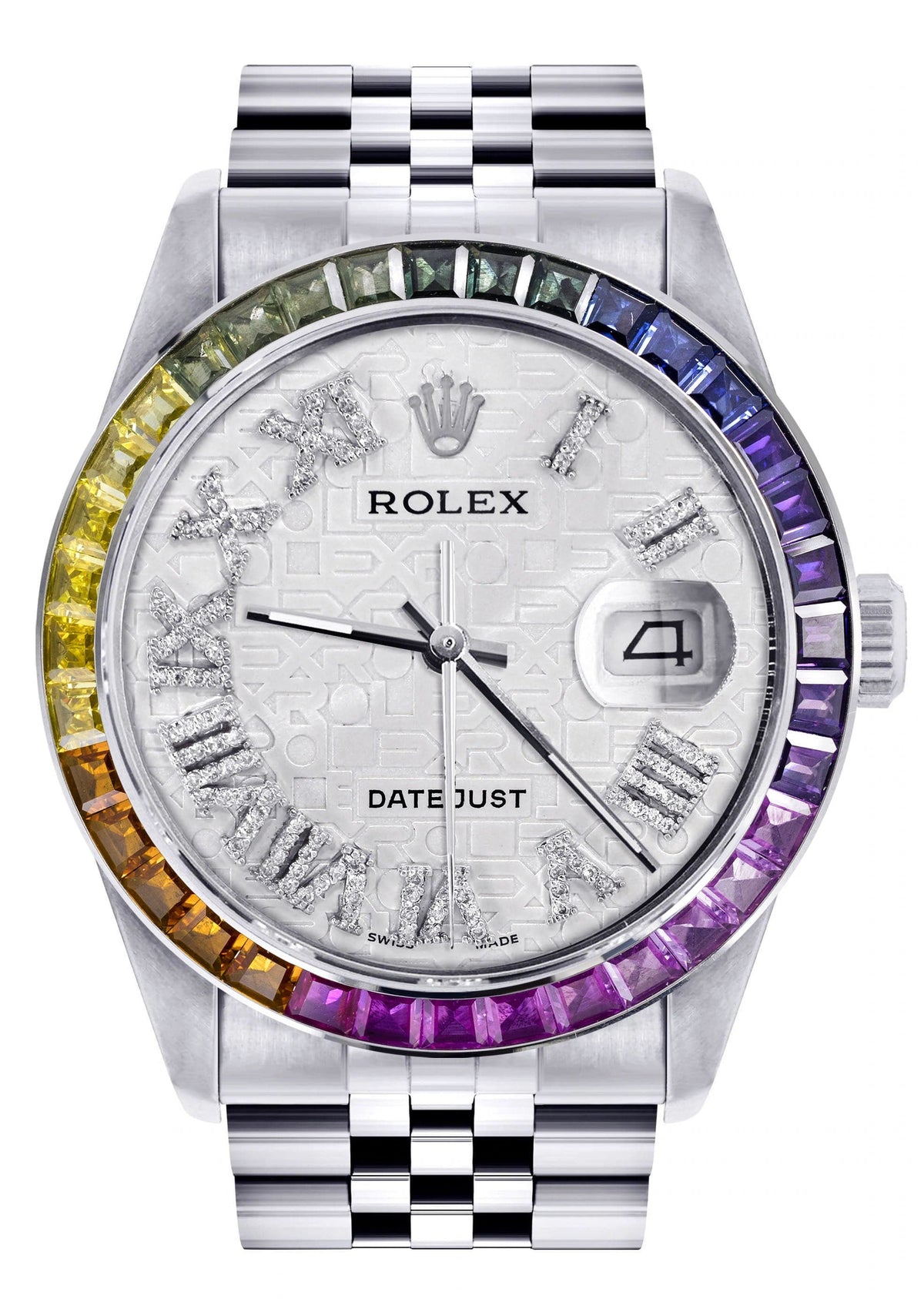 Diamond Gold Rolex Watch For Men 16200 | 36Mm | Rainbow Sapphire Bezel | Silver Texture Roman Numeral Dial | Jubilee Band