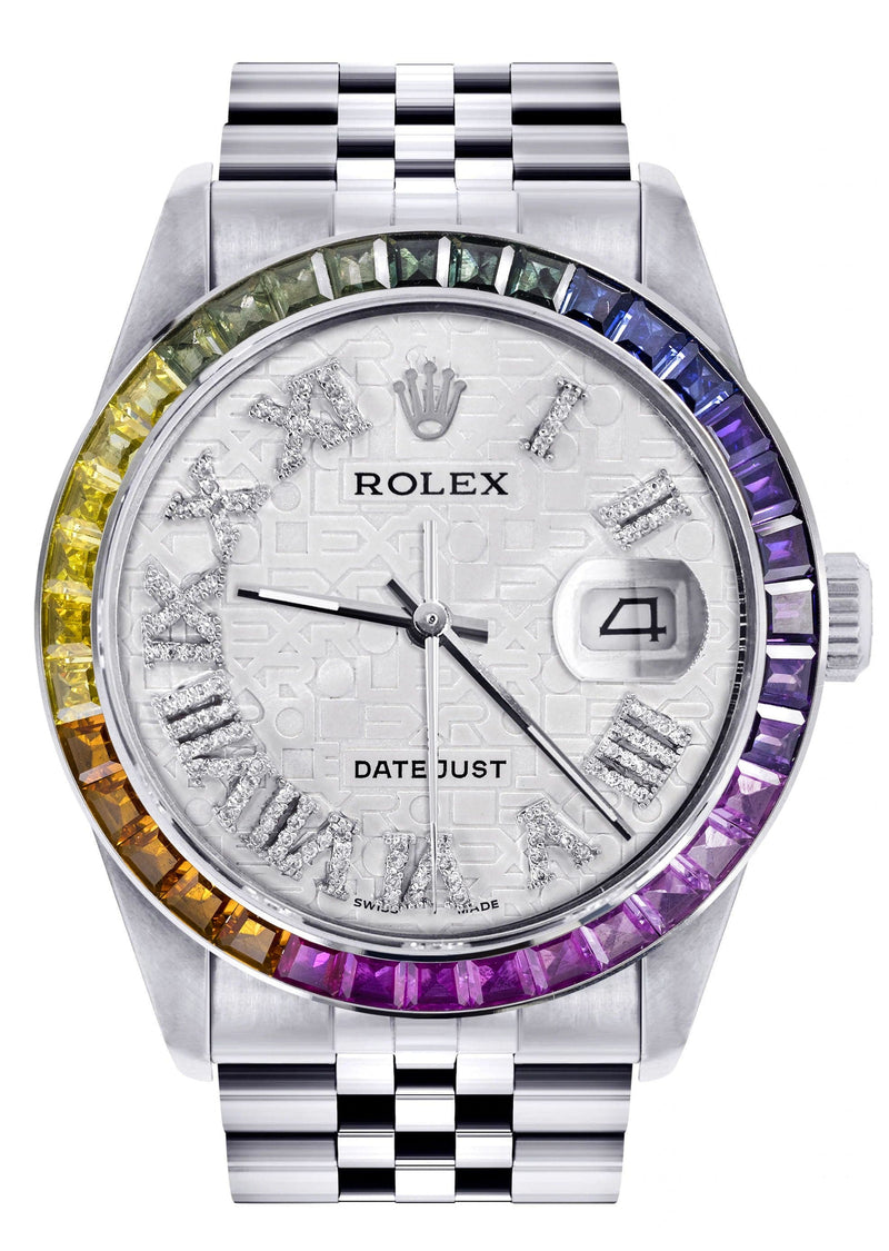 Diamond Gold Rolex Watch For Men 16200 | 36Mm | Rainbow Sapphire Bezel | Silver Texture Roman Numeral Dial | Jubilee Band
