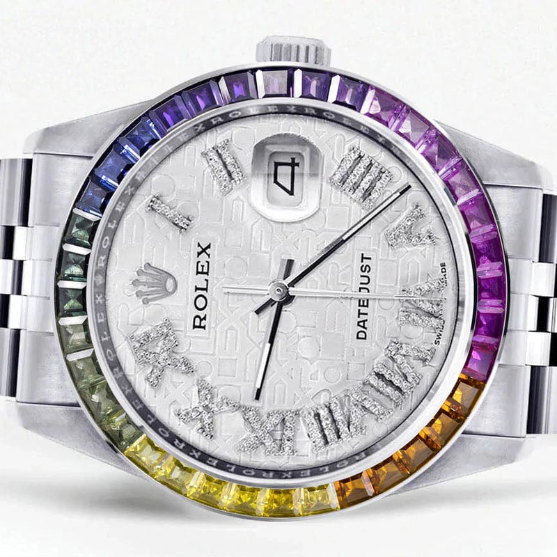 Diamond Gold Rolex Watch For Men 16200 | 36Mm | Rainbow Sapphire Bezel | Silver Texture Roman Numeral Dial | Jubilee Band