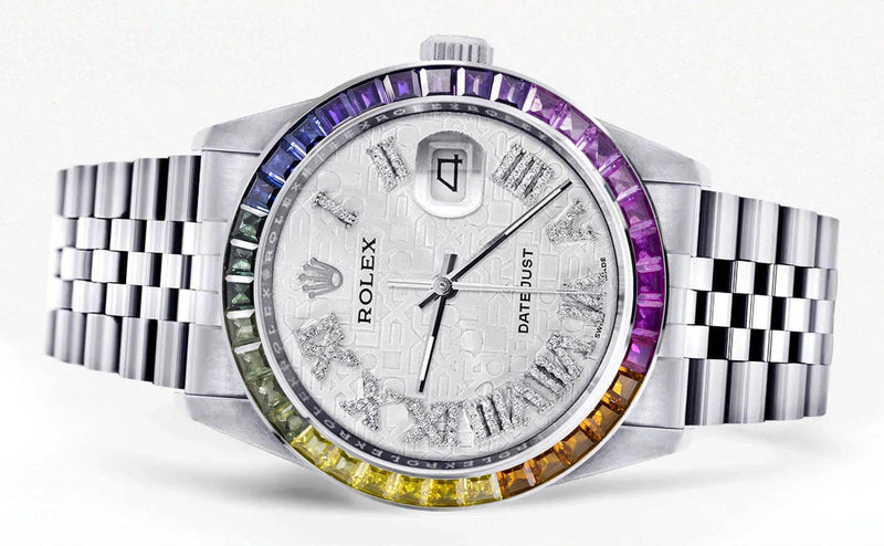 Diamond Gold Rolex Watch For Men 16200 | 36Mm | Rainbow Sapphire Bezel | Silver Texture Roman Numeral Dial | Jubilee Band