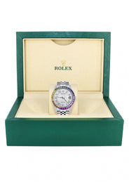Diamond Gold Rolex Watch For Men 16200 | 36Mm | Rainbow Sapphire Bezel | Silver Texture Roman Numeral Dial | Jubilee Band