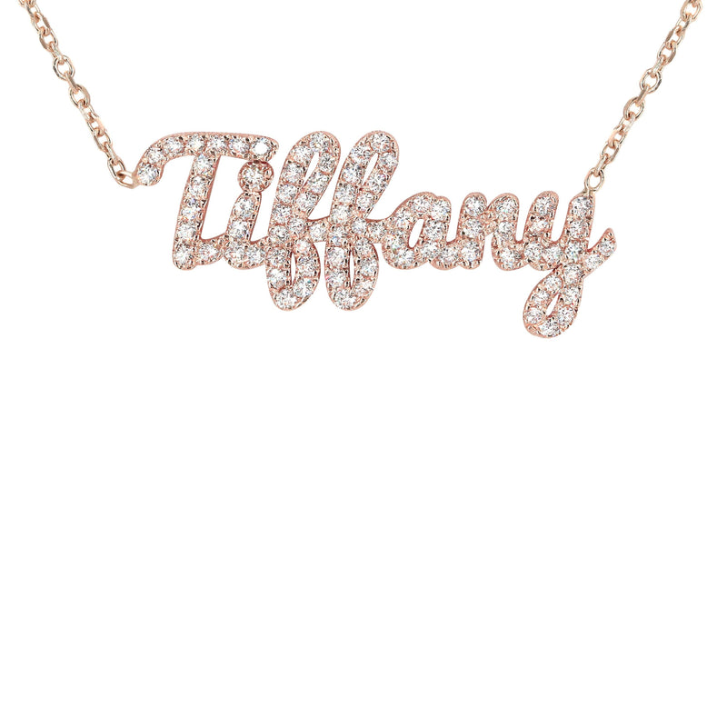 14K Rose Gold  Full Diamond Script Name Plate Necklace | Style #115
