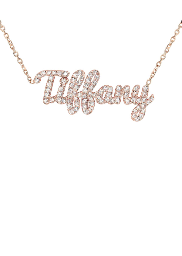 14K Rose Gold  Full Diamond Script Name Plate Necklace | Style #115