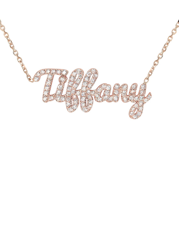 14K Rose Gold  Full Diamond Script Name Plate Necklace | Style #115