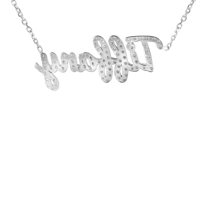 14K White Gold  Full Diamond Script Name Plate Necklace | Style #39