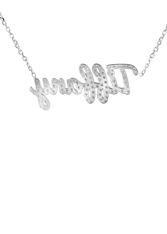 14K White Gold  Full Diamond Script Name Plate Necklace | Style #39