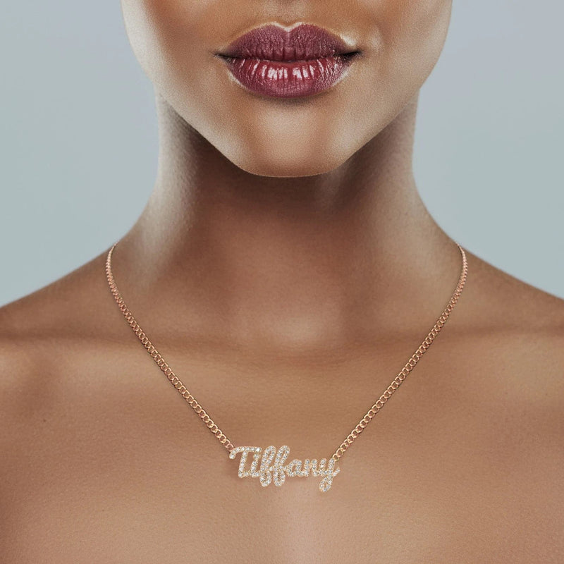14K Rose Gold  Full Diamond Script Name Plate Necklace | Style #115