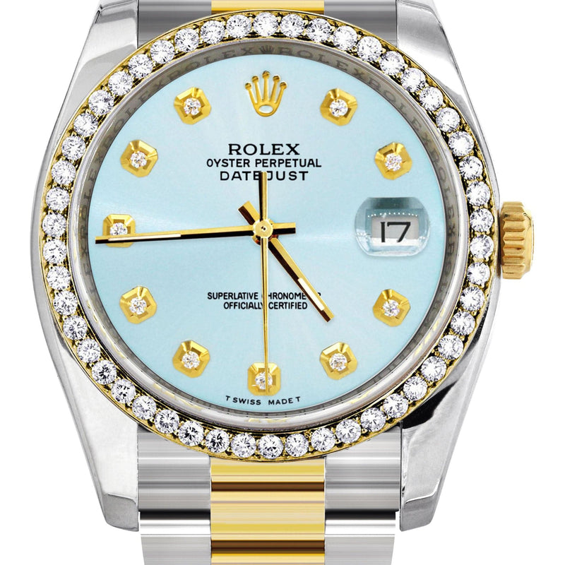 116233 | Diamond Gold Rolex Watch For Men | 36Mm | Light Blue Dial | Oyster Band