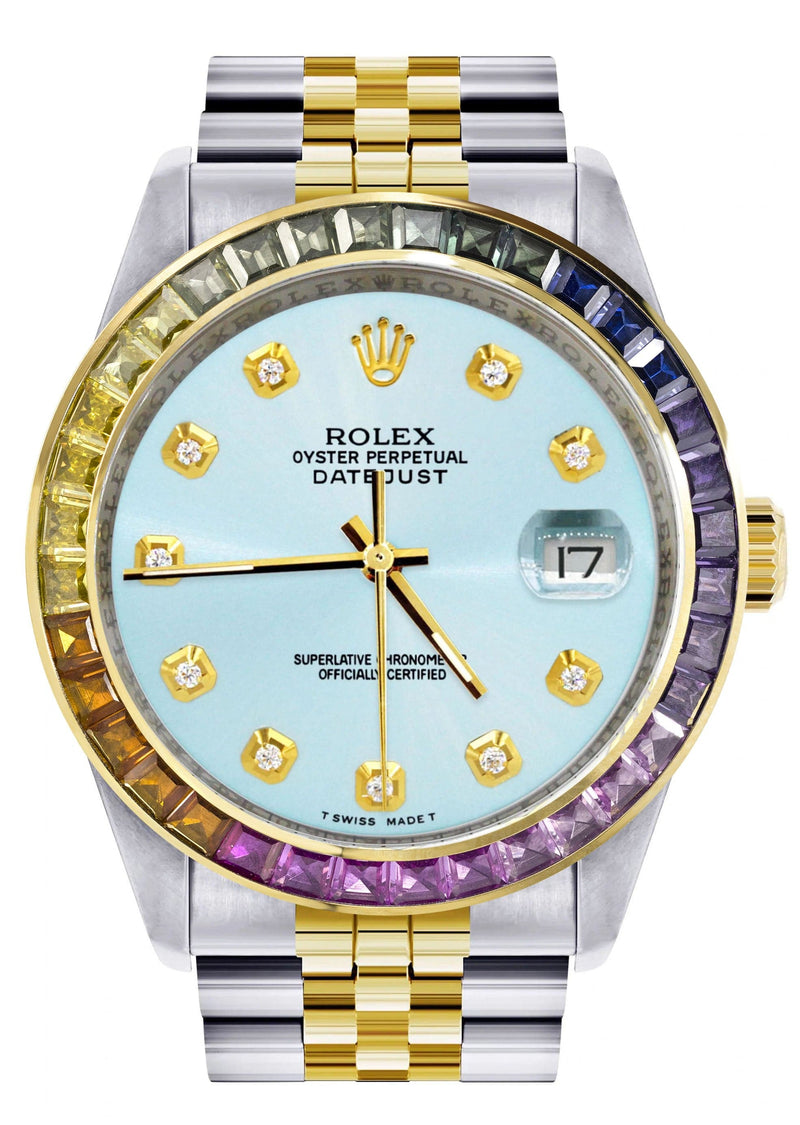 Diamond Gold Rolex Watch For Men 16233 | 36Mm | Rainbow Sapphire Bezel | Light Blue Dial | Jubilee Band