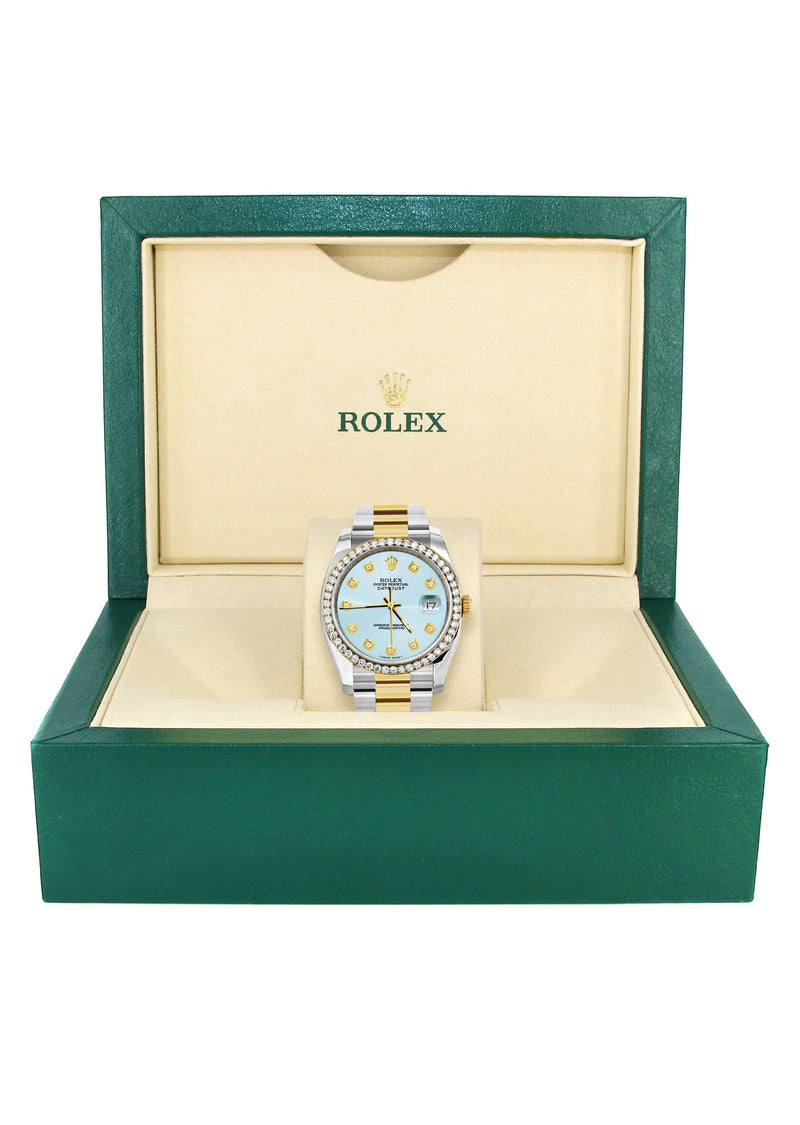 116233 | Diamond Gold Rolex Watch For Men | 36Mm | Light Blue Dial | Oyster Band
