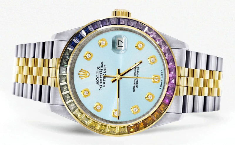 Diamond Gold Rolex Watch For Men 16233 | 36Mm | Rainbow Sapphire Bezel | Light Blue Dial | Jubilee Band