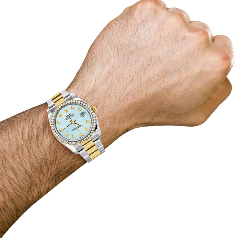 116233 | Diamond Gold Rolex Watch For Men | 36Mm | Light Blue Dial | Oyster Band