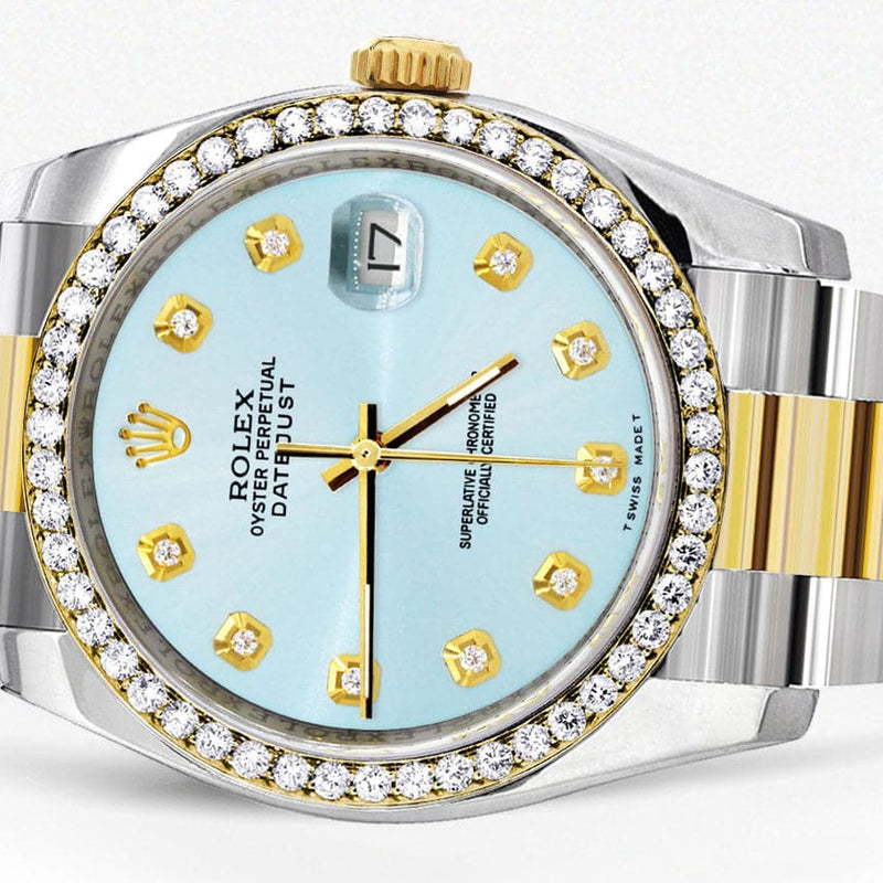 116233 | Diamond Gold Rolex Watch For Men | 36Mm | Light Blue Dial | Oyster Band
