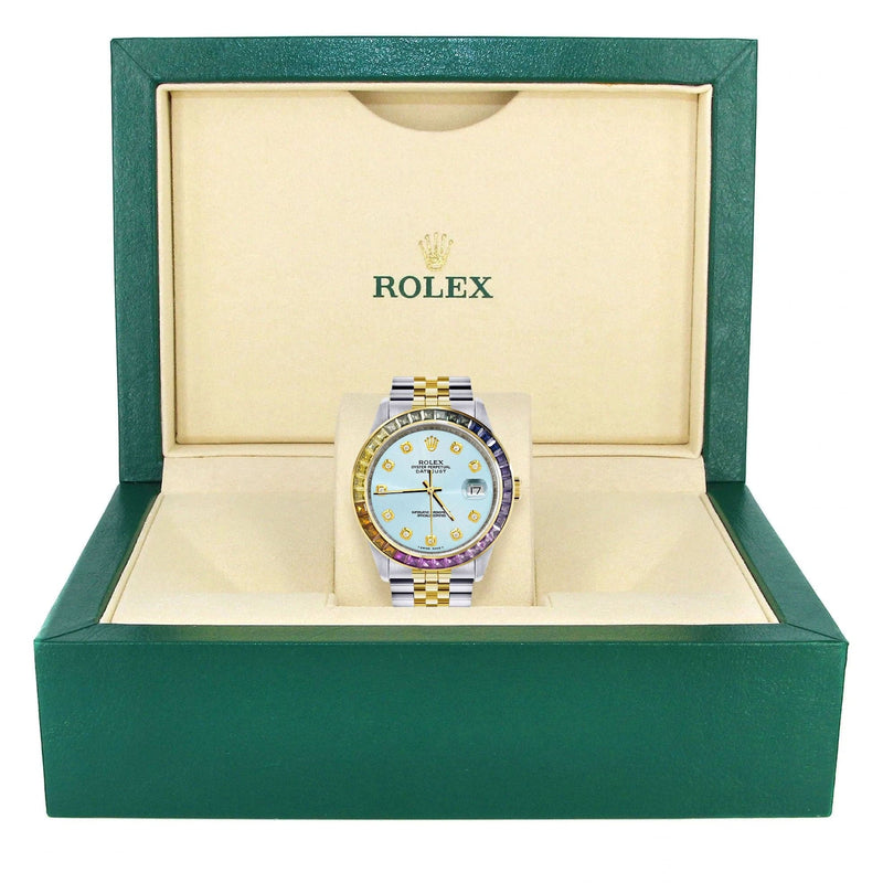 Diamond Gold Rolex Watch For Men 16233 | 36Mm | Rainbow Sapphire Bezel | Light Blue Dial | Jubilee Band