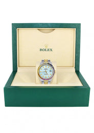 Diamond Gold Rolex Watch For Men 16233 | 36Mm | Rainbow Sapphire Bezel | Light Blue Dial | Jubilee Band