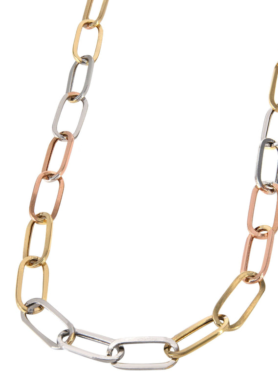 Semi Solid  Tri Color Paper Clip Gold Chain 14K