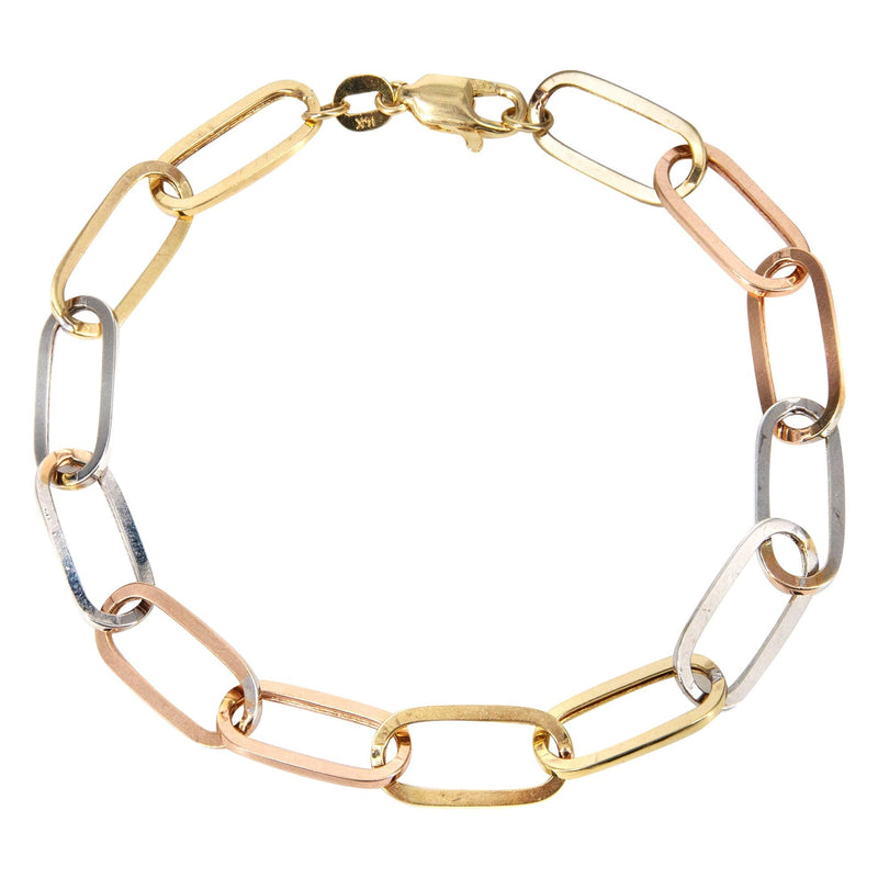 Semi Solid  Tri Color Paper Clip Gold Bracelet 14K
