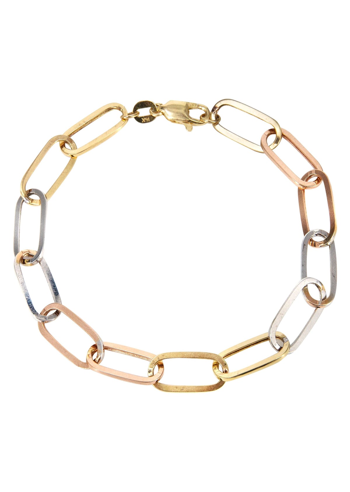 Semi Solid  Tri Color Paper Clip Gold Bracelet 14K