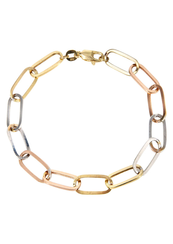 Semi Solid  Tri Color Paper Clip Gold Bracelet 14K